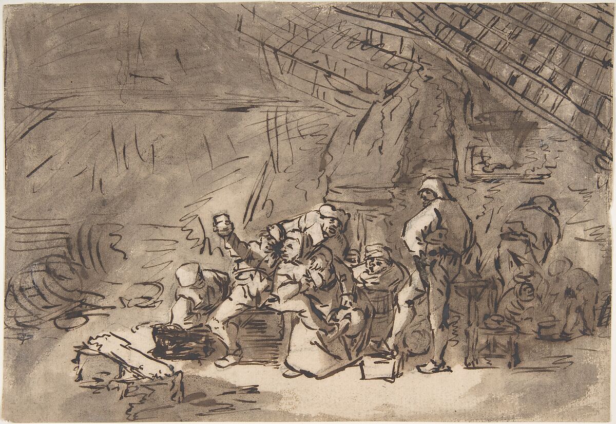 Scene in an Inn, Attributed to Adriaen van Ostade (Dutch, Haarlem 1610–1685 Haarlem), Pen and brown ink, brush and brown wash, over traces of black chalk 