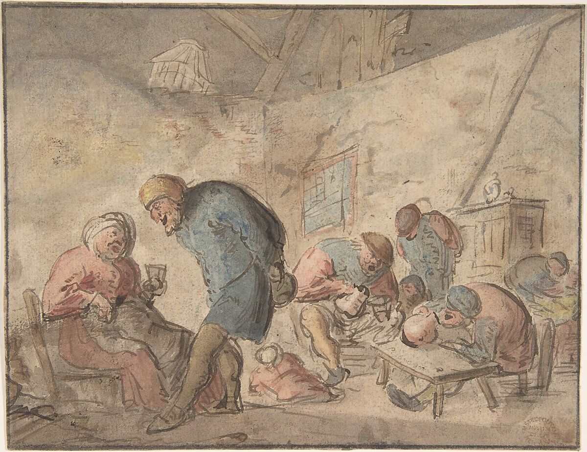 Peasants Drinking, verso: sketches of peasants, Attributed to Adriaen van Ostade (Dutch, Haarlem 1610–1685 Haarlem), Pen and brown ink, watercolor. Framing line in black ink & chalk
verso: pen and brown ink 