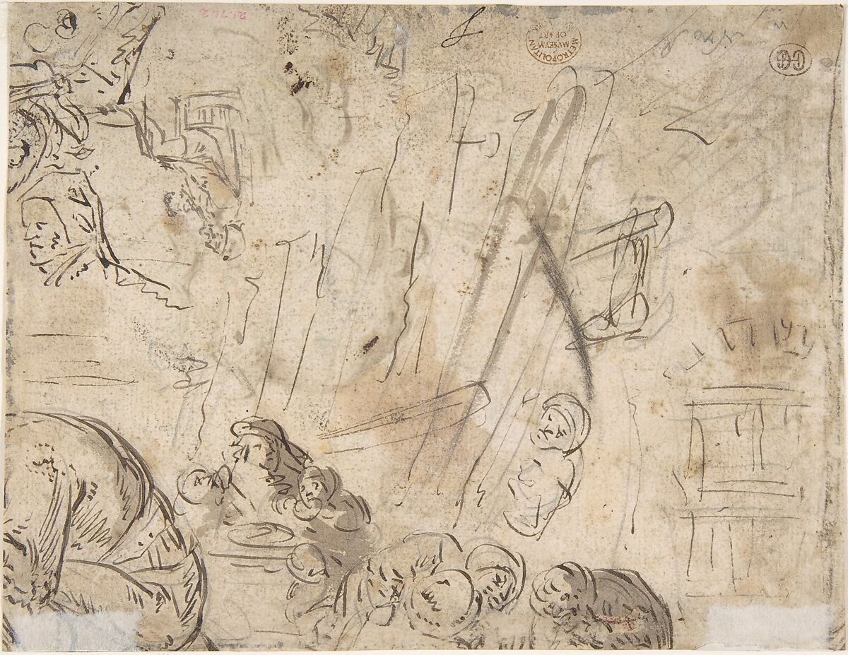 Peasants Drinking, verso: sketches of peasants, Attributed to Adriaen van Ostade (Dutch, Haarlem 1610–1685 Haarlem), Pen and brown ink, watercolor. Framing line in black ink & chalk
verso: pen and brown ink