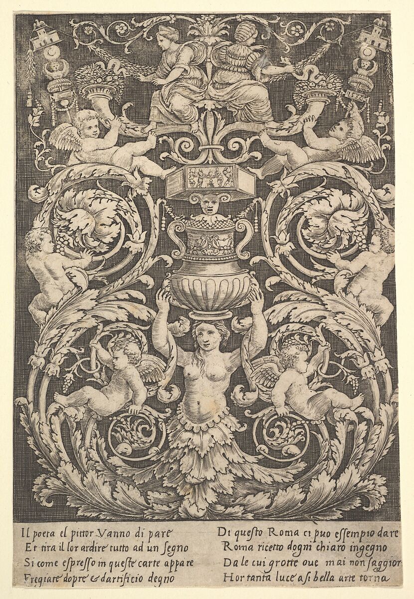A panel of ornament with a woman holding a vase in centre, Master of the Die (Italian, active Rome, ca. 1530–60), Engraving 