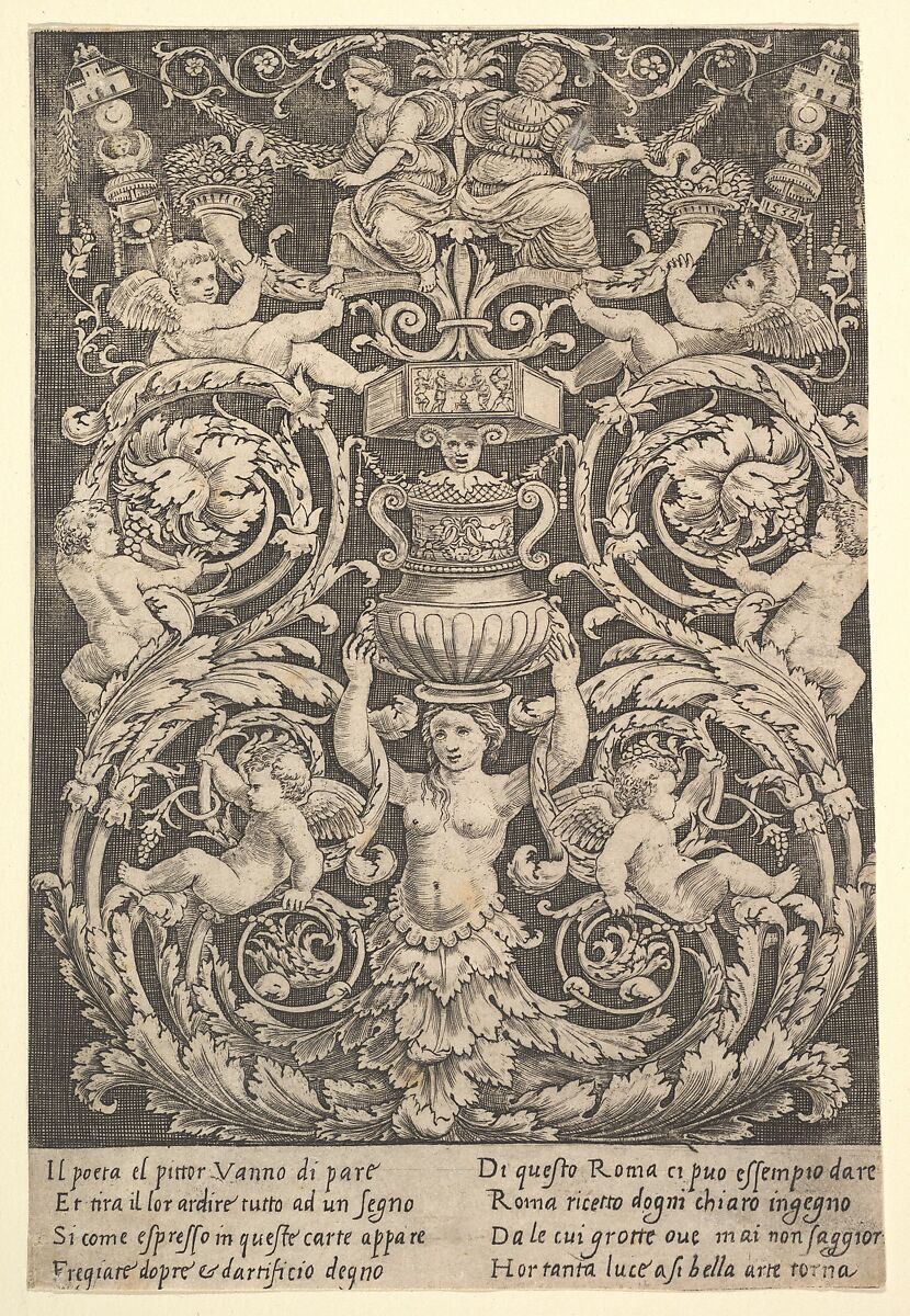 A panel of ornament with a woman holding a vase in centre, Master of the Die  Italian, Engraving