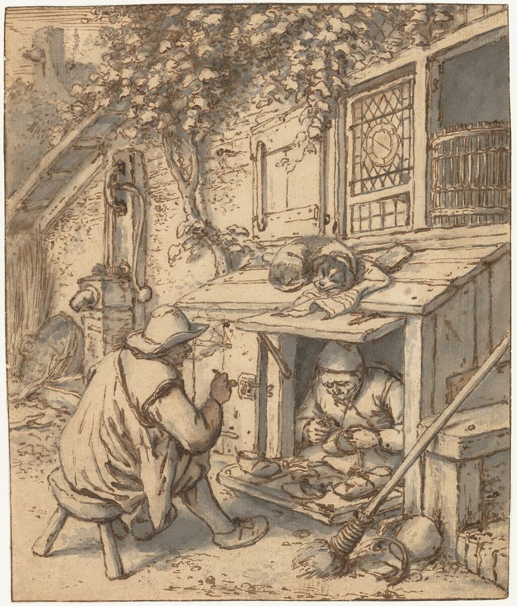 The Cobbler, Adriaen van Ostade (Dutch, Haarlem 1610–1685 Haarlem), Pen and brown ink, brush and gray wash, over graphite underdrawing. Incised for transfer.