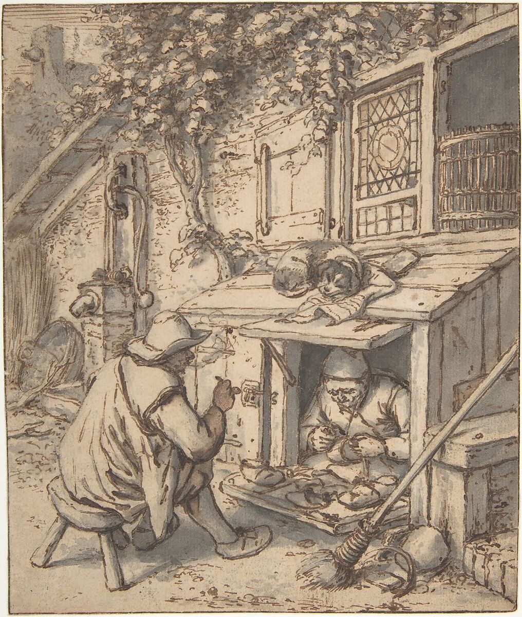 The Cobbler, Adriaen van Ostade (Dutch, Haarlem 1610–1685 Haarlem), Pen and brown ink, brush and gray wash, over graphite underdrawing. Incised for transfer. 