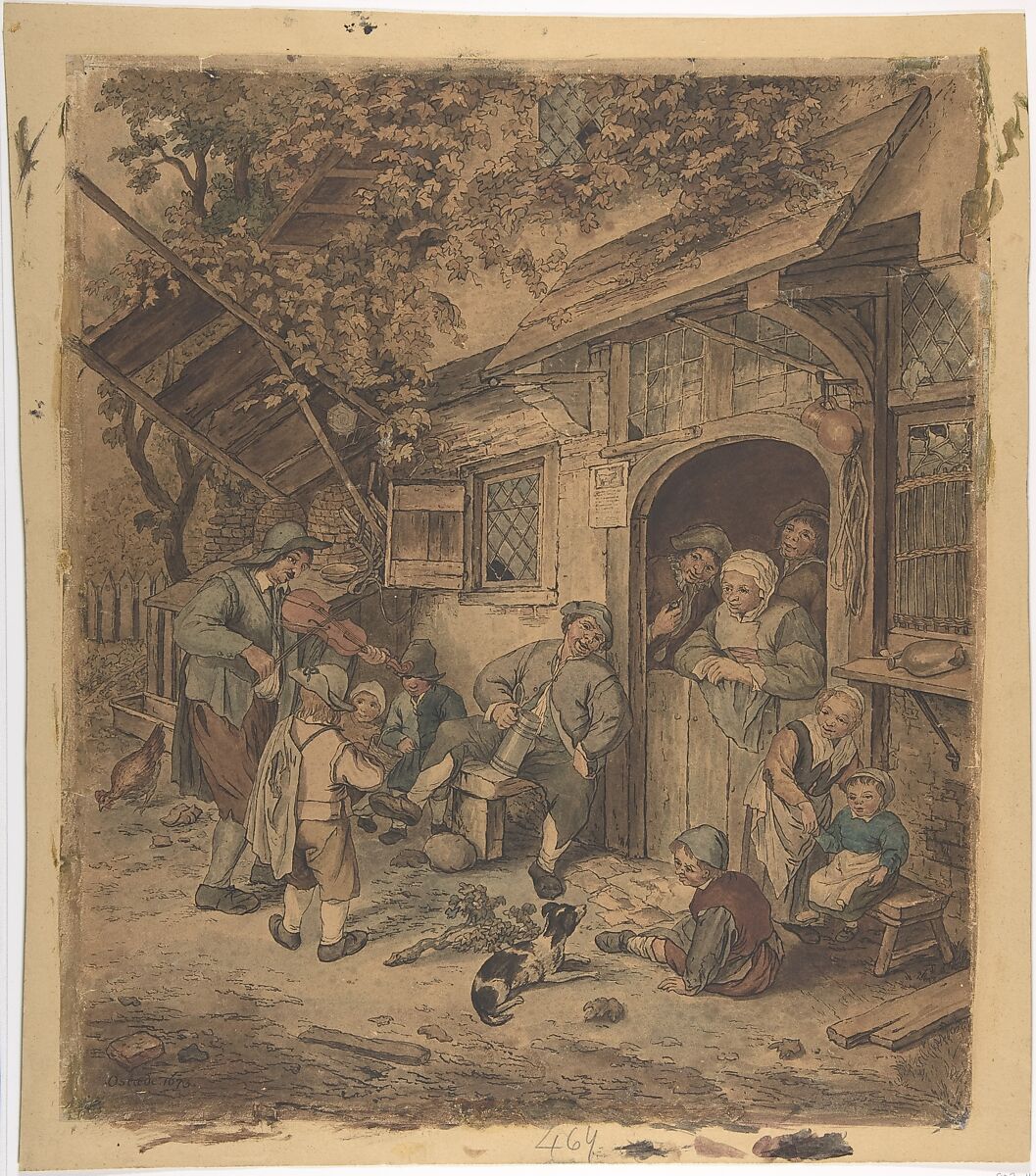 Strolling Violinist at an Ale House Door, After Adriaen van Ostade (Dutch, Haarlem 1610–1685 Haarlem), Pen and brown ink, watercolor. Pasted down. 