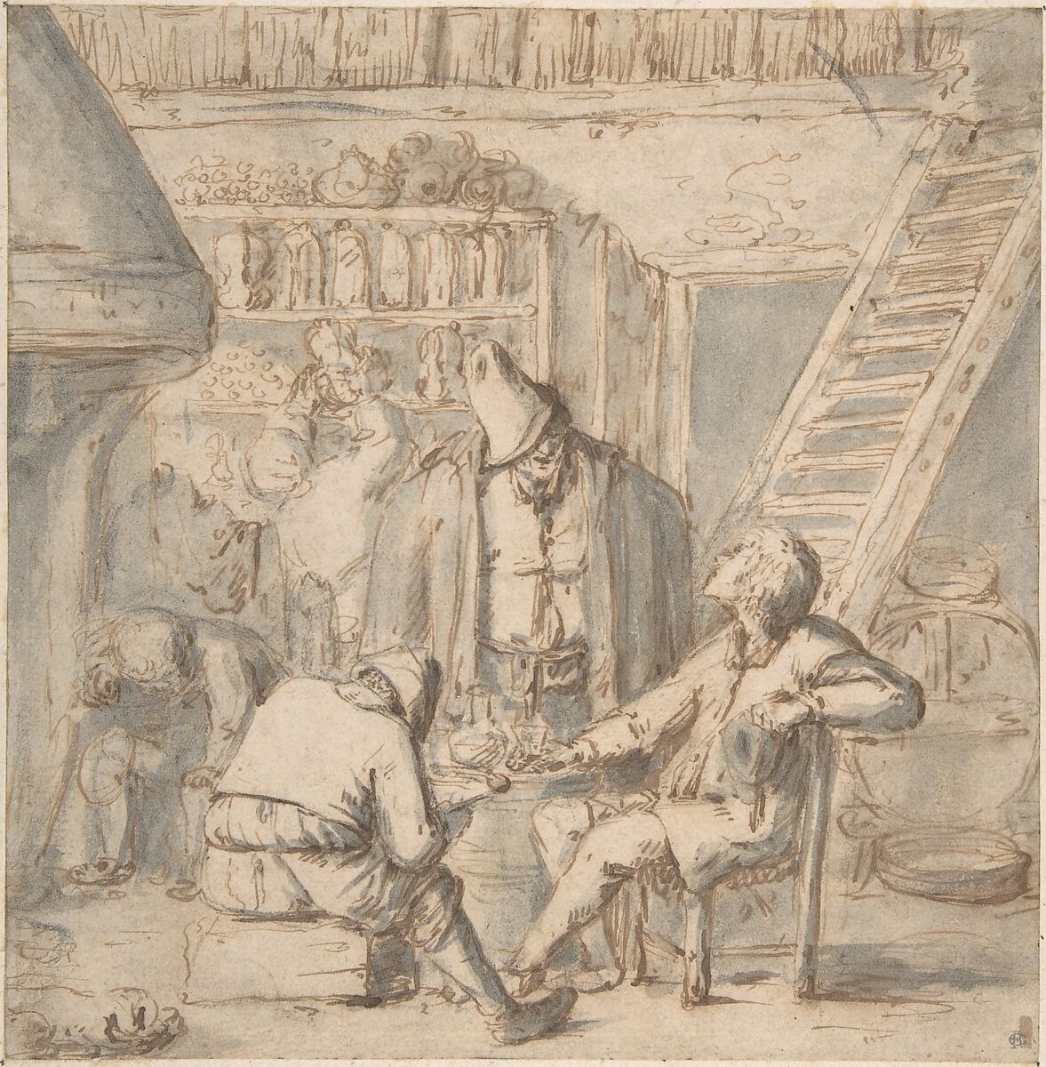 Drinkers in a Tavern, Attributed to Adriaen van Ostade (Dutch, Haarlem 1610–1685 Haarlem), Pen and brown ink, brush and brown and gray wash over black chalk 