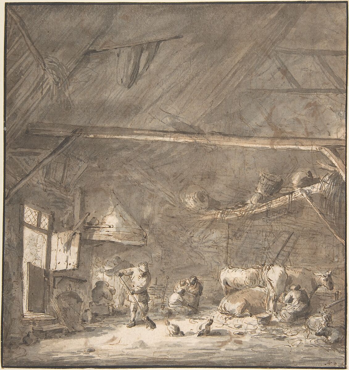 Barn Interior with Peasants and Cows
Verso: Six Studies of Peasants, Isaac van Ostade (Dutch, Haarlem 1621–1649 Haarlem), Pen and brown ink, brush and brown and gray wash over graphite (recto); pen and brown ink over graphite (verso) 