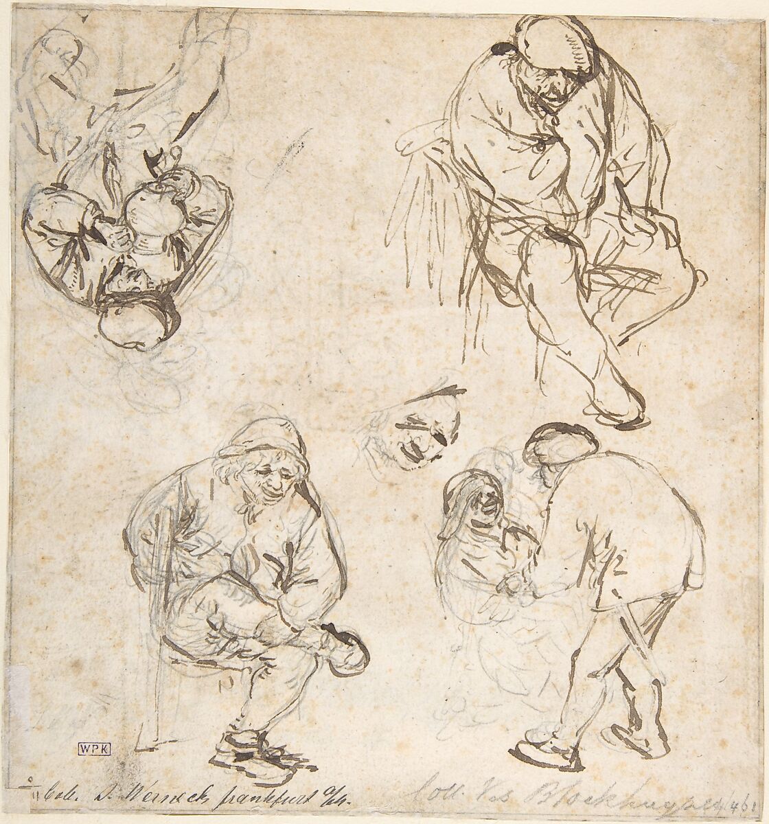 Barn Interior with Peasants and Cows (recto); Six Studies of Peasants (verso), Isaac van Ostade (Dutch, Haarlem 1621–1649 Haarlem), Pen and brown ink, brush and brown and gray wash over graphite (recto); pen and brown ink over graphite (verso)