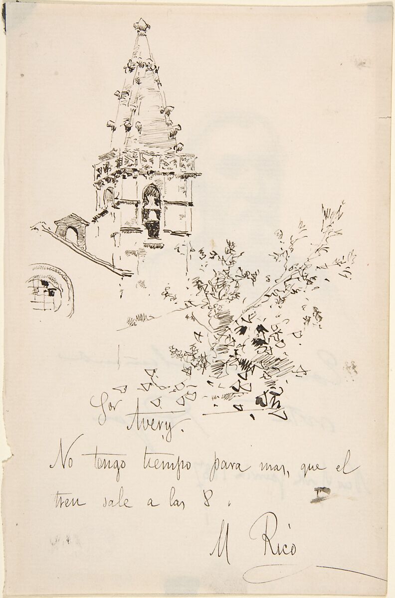 Church Tower with Inscription in Spanish to Avery. Verso: 3/4 View Portrait of Man, Martín Rico y Ortega (Spanish, Madrid 1833–1908 Venice), Pen and ink. Verso: graphite 