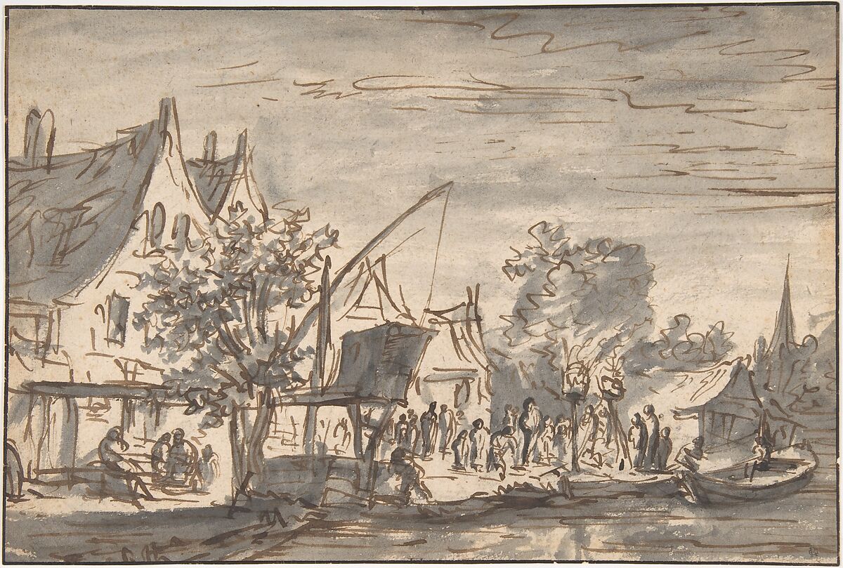 Distribution of the Catch by Night, Attributed to Isaac van Ostade (Dutch, Haarlem 1621–1649 Haarlem), Pen and brown ink, brush and gray wash over graphite. 