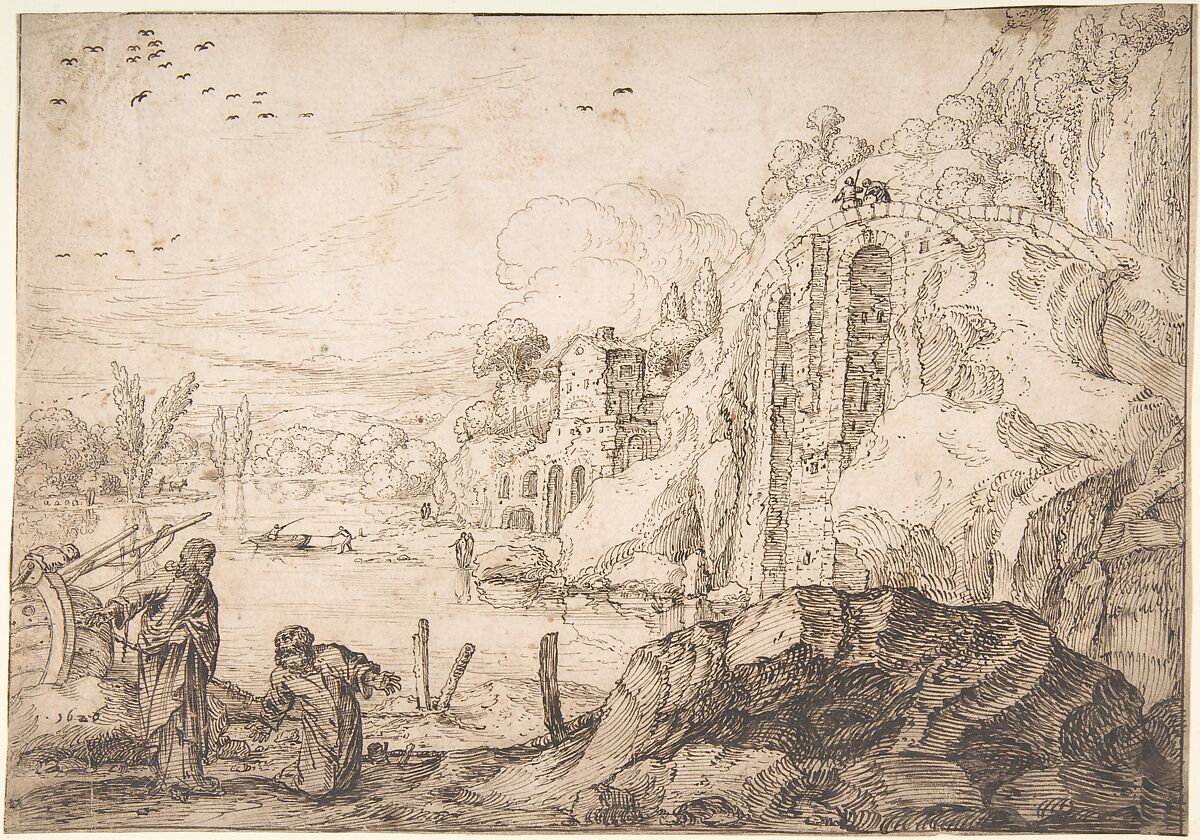 Landscape with the Calling of St. Peter, Jacob Pynas (Dutch, Amsterdam 1592/93–after 1650 Amsterdam (?)), Pen and brown ink 
