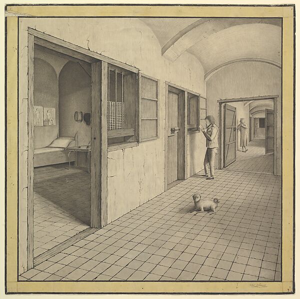 Interior of a Boarding School (?): Hallway with two Young Men and a Dog, with View into Bedroom, Victor, Pen and black ink with gray wash, a yellow wash border framed in black ink is glued on the recto. 
