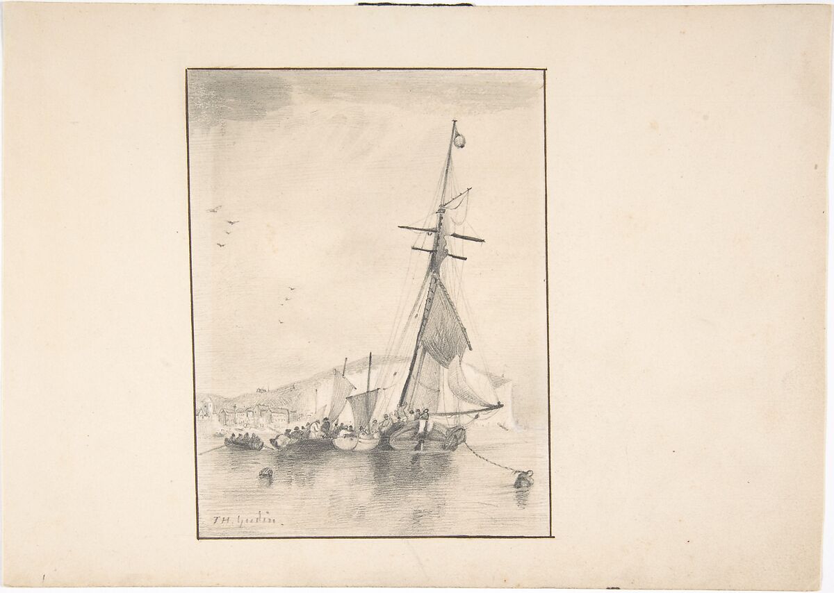 Boats Moored Near Cliffs of Dover, T. H. Yudin (British (?), 19th century), Graphite 