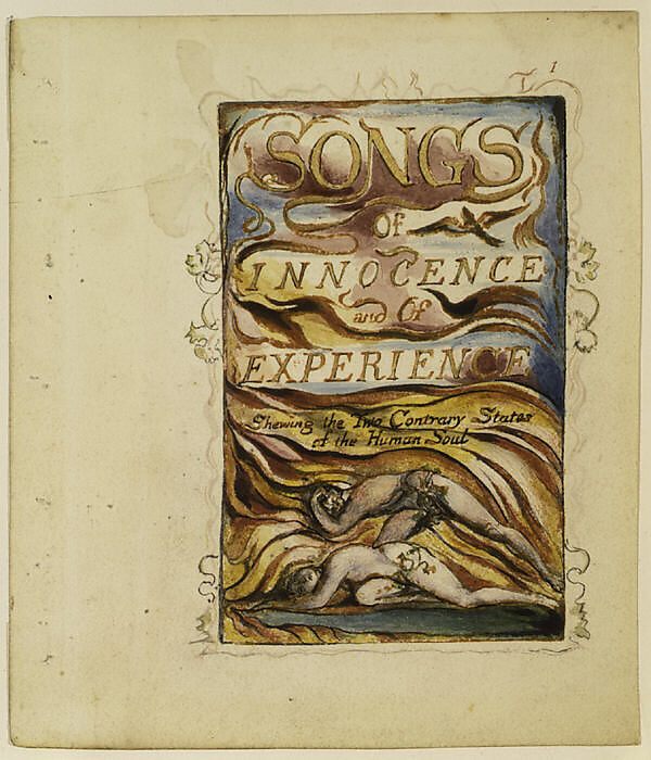 Songs of Innocence and of Experience, Shewing the Two Contrary States of the Human Soul: Combined Title-page, William Blake (British, London 1757–1827 London), Relief etching printed in orange-brown ink and hand-colored with watercolor and shell gold