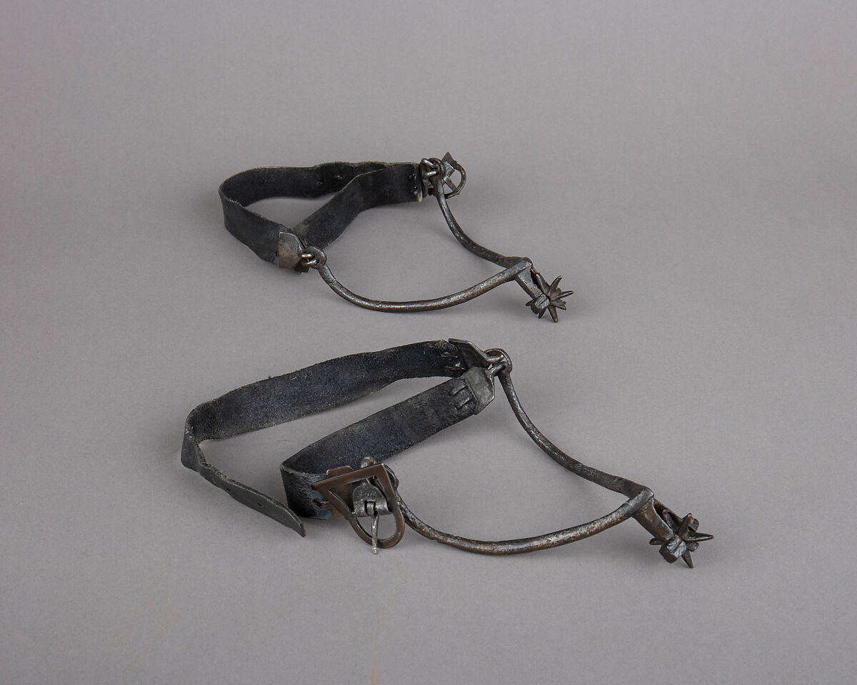 Pair of Rowel Spurs, Iron alloy, leather, possibly French or German 