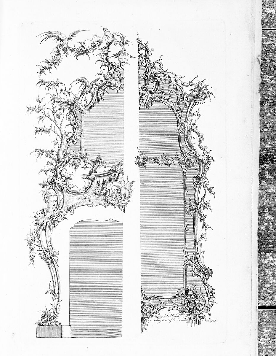 12 plates from 'A New Book of Ornaments with Twelve Leaves Consisting of Chimneys, Sconces, Tables, Spandle Panels, Spring Clock Cases, Stands, a Chandelier and Girandole, etc.', Designed and published by Matthias Lock (British, London ca. 1710–ca. 1765 London), Illustrations: etching