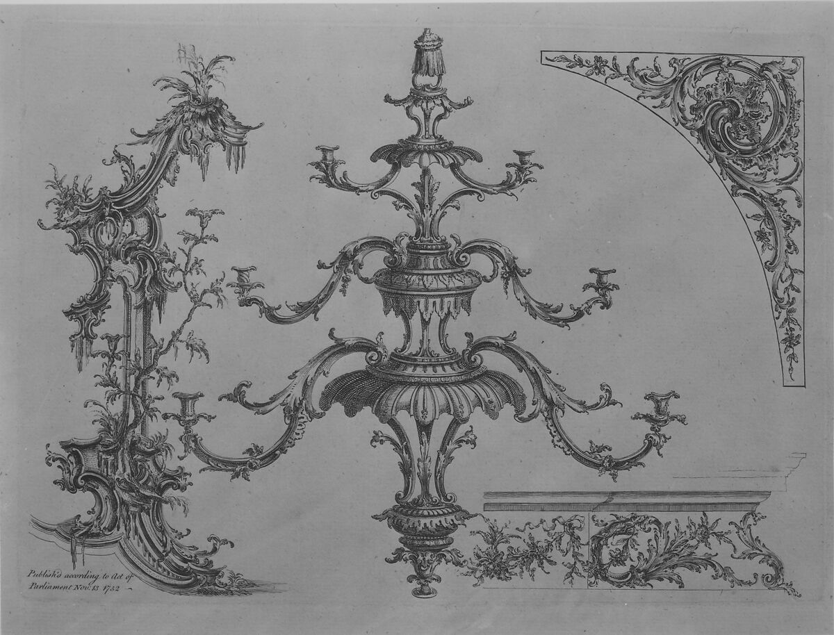 12 plates from 'A New Book of Ornaments with Twelve Leaves Consisting of Chimneys, Sconces, Tables, Spandle Panels, Spring Clock Cases, Stands, a Chandelier and Girandole, etc.', Designed and published by Matthias Lock (British, London ca. 1710–ca. 1765 London), Illustrations: etching