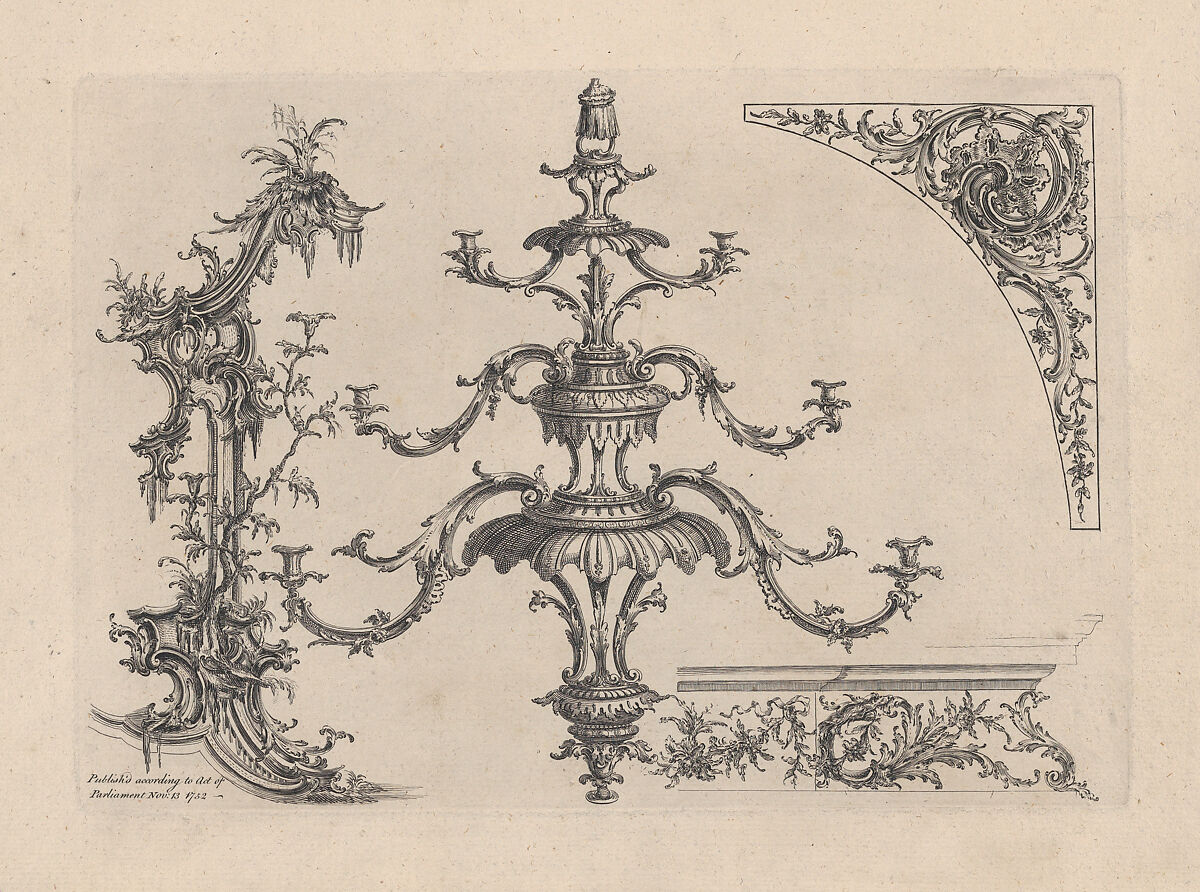 12 plates from 'A New Book of Ornaments with Twelve Leaves Consisting of Chimneys, Sconces, Tables, Spandle Panels, Spring Clock Cases, Stands, a Chandelier and Girandole, etc.', Designed and published by Matthias Lock (British, London ca. 1710–ca. 1765 London), Illustrations: etching