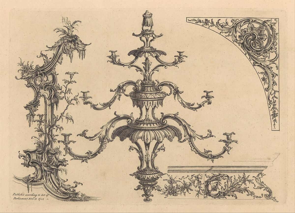 12 plates from 'A New Book of Ornaments with Twelve Leaves Consisting of Chimneys, Sconces, Tables, Spandle Panels, Spring Clock Cases, Stands, a Chandelier and Girandole, etc.'