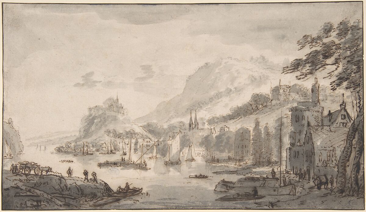 Town by a Large Body of Water, Abraham Rademaker (Dutch, Lisse, near Haarlem 1675–1735 Haarlem), Black chalk, pen and brown ink, brush and gray wash. Framing line in pen & black ink. 