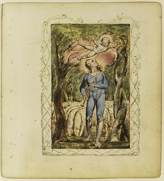 Songs of Innocence: Frontispiece, William Blake (British, London 1757–1827 London), Relief etching printed in orange-brown ink and hand-colored with watercolor and shell gold
