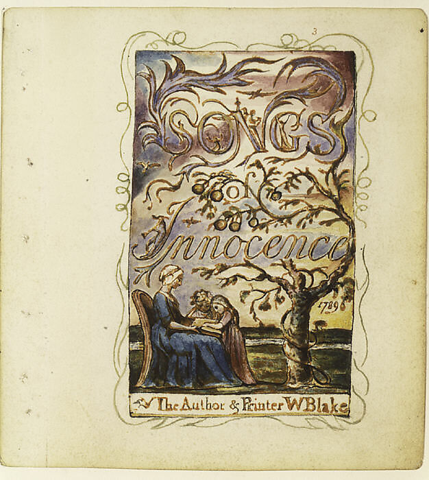 Songs of Innocence: Title Page, William Blake (British, London 1757–1827 London), Relief etching printed in orange-brown ink and hand-colored with watercolor and shell gold