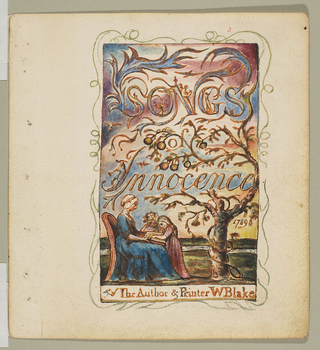 Songs of Innocence: Title Page, William Blake (British, London 1757–1827 London), Relief etching printed in orange-brown ink and hand-colored with watercolor and shell gold 