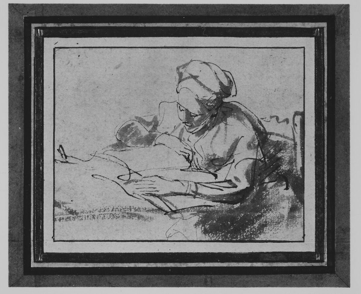 Woman Reading, Rembrandt (Rembrandt van Rijn) (Dutch, Leiden 1606–1669 Amsterdam), Pen and brown ink, brush and brown wash; framing lines in pen and brown ink