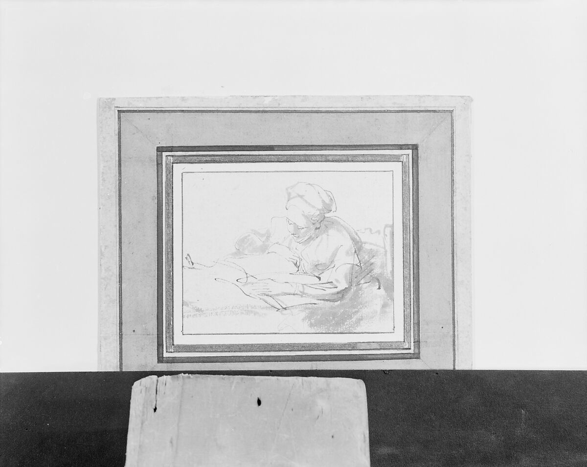 Woman Reading, Rembrandt (Rembrandt van Rijn) (Dutch, Leiden 1606–1669 Amsterdam), Pen and brown ink, brush and brown wash; framing lines in pen and brown ink