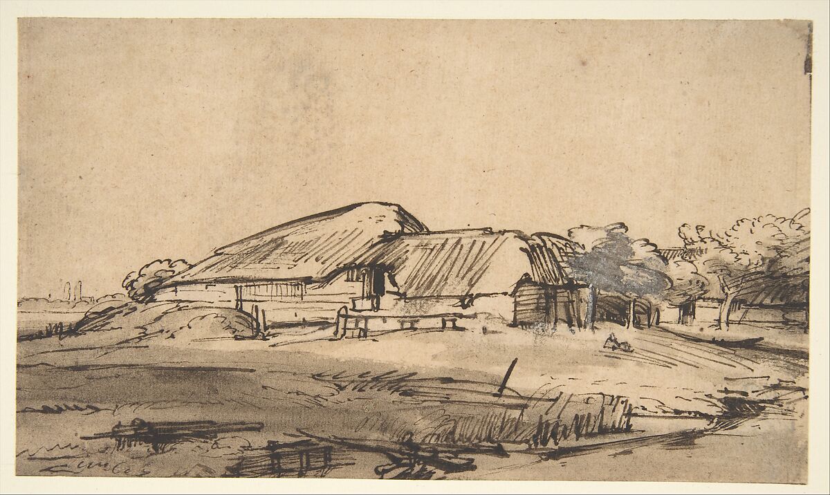 Group of Farm Buildings, Rembrandt (Rembrandt van Rijn) (Dutch, Leiden 1606–1669 Amsterdam), Pen and brown ink, brush and brown wash, corrected with white gouache, on paper washed with brown 
