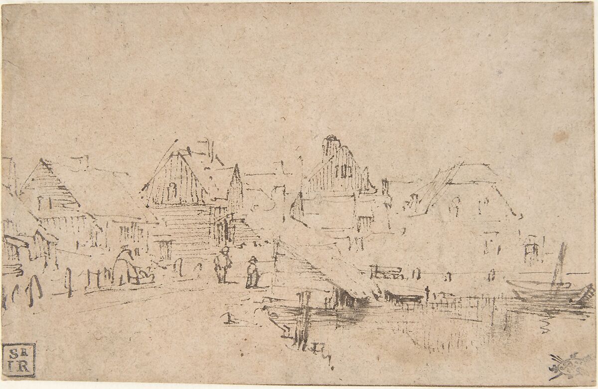 Houses by the Water, Rembrandt (Rembrandt van Rijn) (Dutch, Leiden 1606–1669 Amsterdam), Pen and brown ink; framing lines in pen and brown ink 