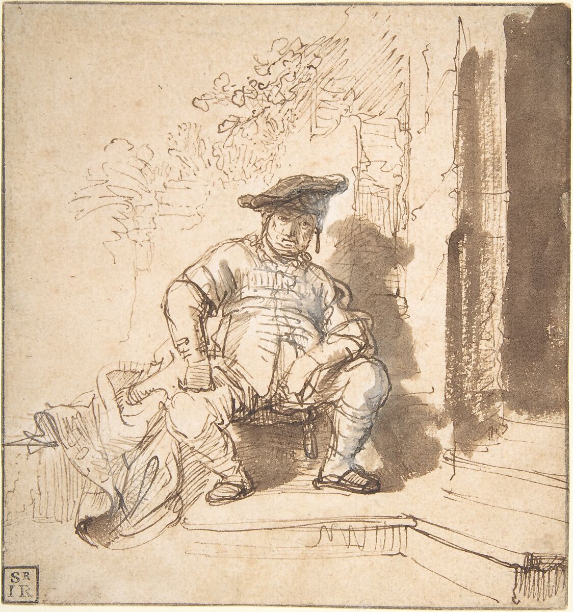 Seated Man Wearing a Flat Cap, Rembrandt (Rembrandt van Rijn)  Dutch, Pen and brown ink, brush and brown wash, heightened with white gouache; framing lines in pen and brown ink