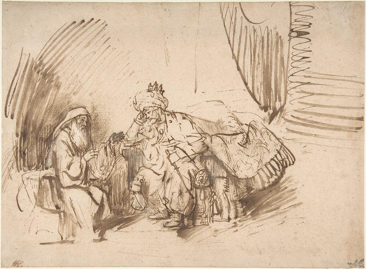 Nathan Admonishing David, Rembrandt (Rembrandt van Rijn)  Dutch, Pen and brown ink, heightened with white gouache