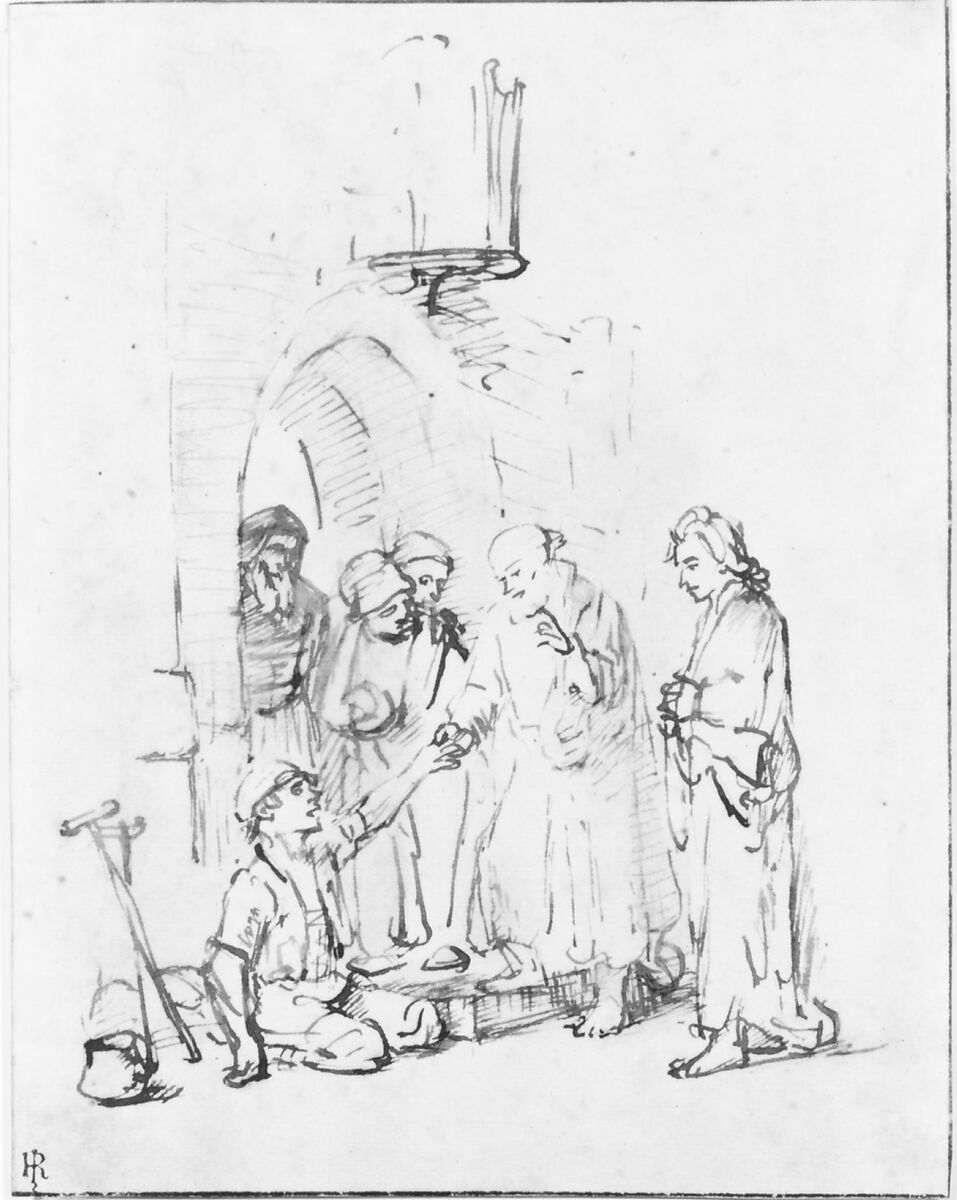 St. Peter and St John Healing the Paralytic, Rembrandt (Rembrandt van Rijn) (Dutch, Leiden 1606–1669 Amsterdam), Pen and brown ink, brush and brown wash; framing lines in pen and brown ink