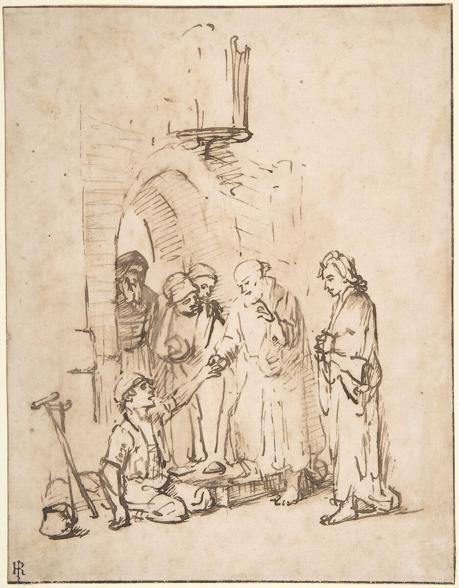 St. Peter and St John Healing the Paralytic, Rembrandt (Rembrandt van Rijn) (Dutch, Leiden 1606–1669 Amsterdam), Pen and brown ink, brush and brown wash; framing lines in brown ink 