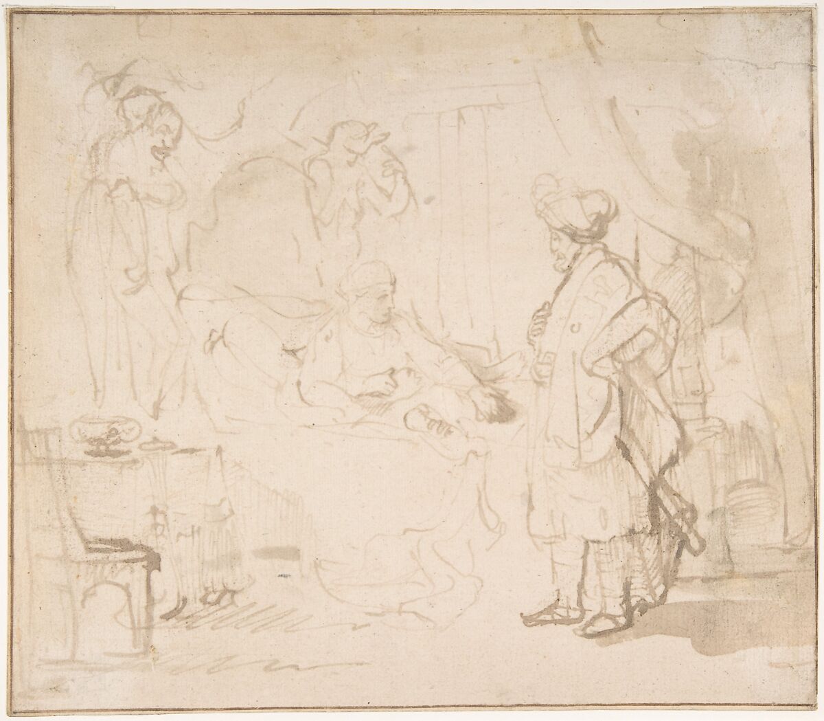 Potiphar's Wife Accusing Joseph Before her Husband, Rembrandt (Rembrandt van Rijn) (Dutch, Leiden 1606–1669 Amsterdam), Pen and brown ink, brush and brown wash; framing lines in pen and brown ink 