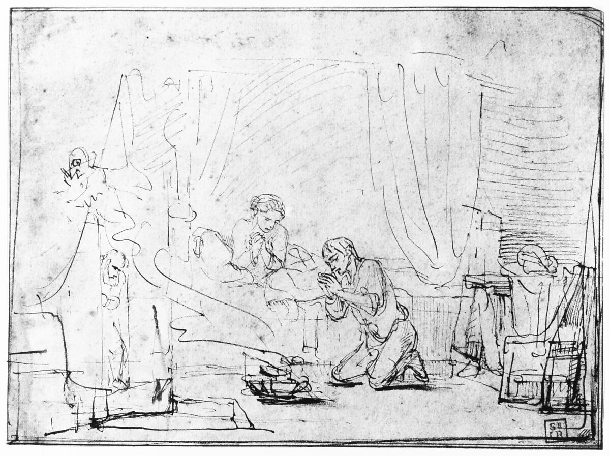 The Wedding Night of Tobias and Sarah, Rembrandt (Rembrandt van Rijn) (Dutch, Leiden 1606–1669 Amsterdam), Pen and brown ink, brush and brown wash; framing lines in pen and brown ink