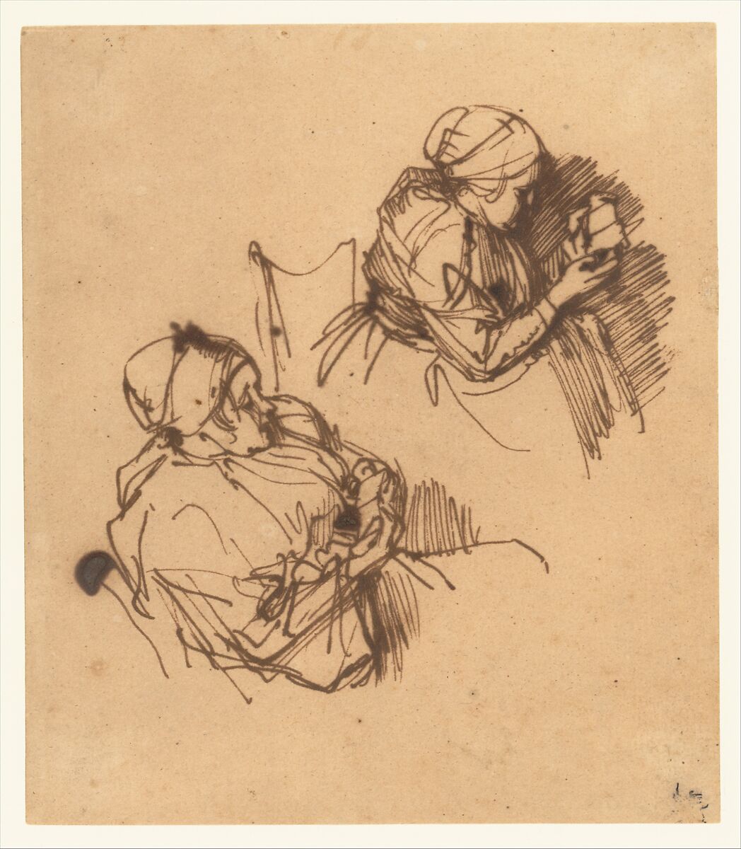 Two Studies of a Woman Reading, Rembrandt (Rembrandt van Rijn) (Dutch, Leiden 1606–1669 Amsterdam), Pen and brown iron-gall ink