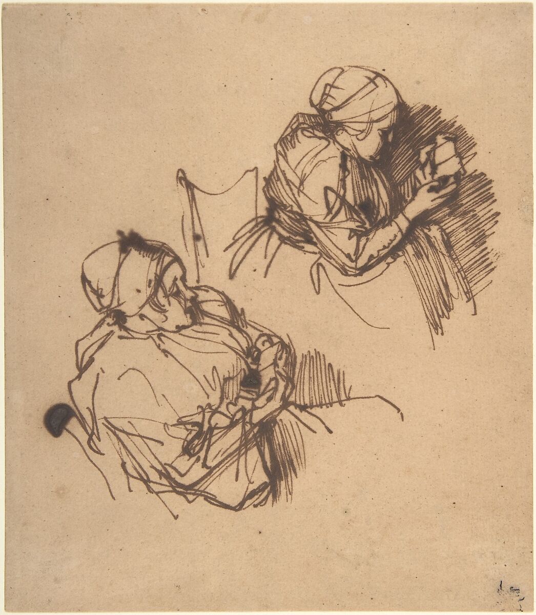 Two Studies of a Woman Reading, Rembrandt (Rembrandt van Rijn) (Dutch, Leiden 1606–1669 Amsterdam), Pen and brown iron-gall ink 