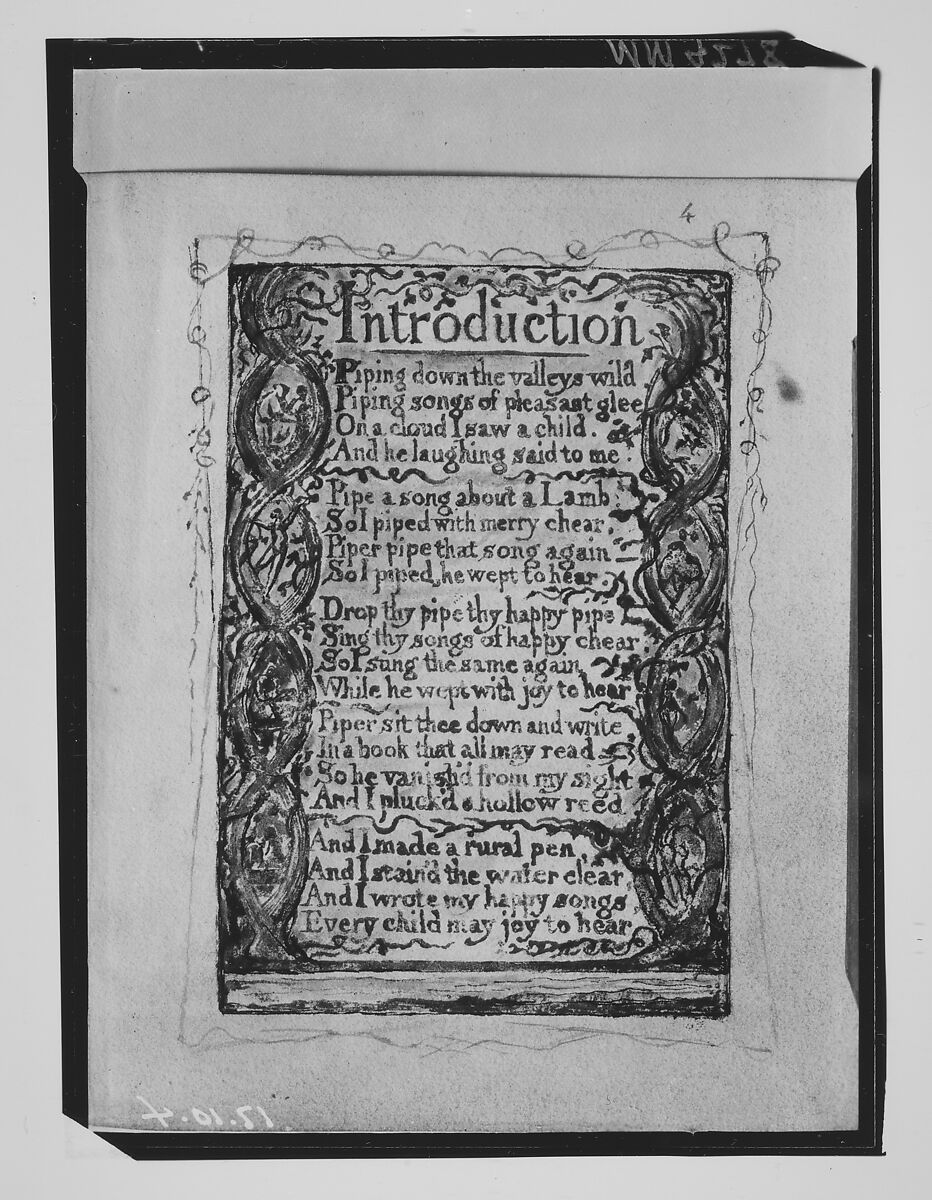 Songs of Innocence: Introduction, William Blake (British, London 1757–1827 London), Relief etching printed in orange-brown ink and hand-colored with watercolor and shell gold