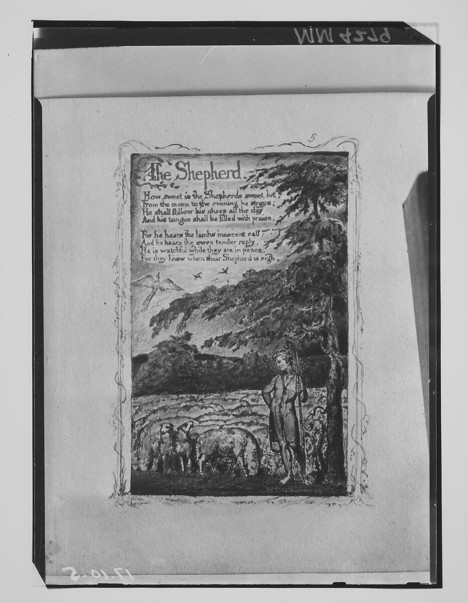 Songs of Innocence: The Shepherd, William Blake (British, London 1757–1827 London), Relief etching printed in orange-brown ink and hand-colored with watercolor and shell gold