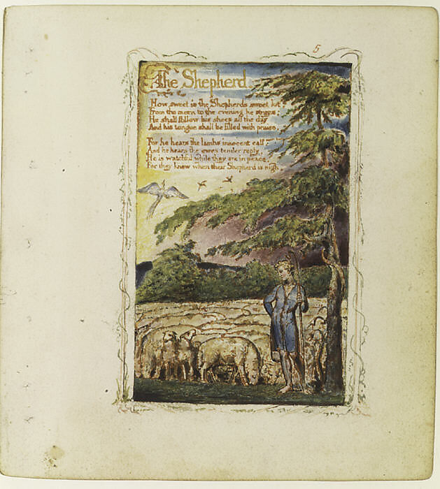 Songs of Innocence: The Shepherd, William Blake (British, London 1757–1827 London), Relief etching printed in orange-brown ink and hand-colored with watercolor and shell gold