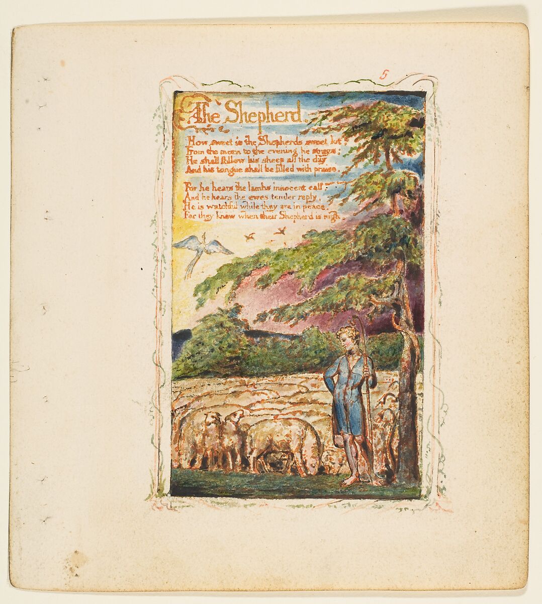 Songs of Innocence: The Shepherd, William Blake (British, London 1757–1827 London), Relief etching printed in orange-brown ink and hand-colored with watercolor and shell gold 