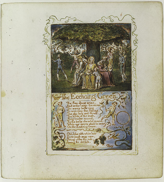 Songs of Innocence: The Ecchoing Green, William Blake (British, London 1757–1827 London), Relief etching printed in orange-brown ink and hand-colored with watercolor and shell gold