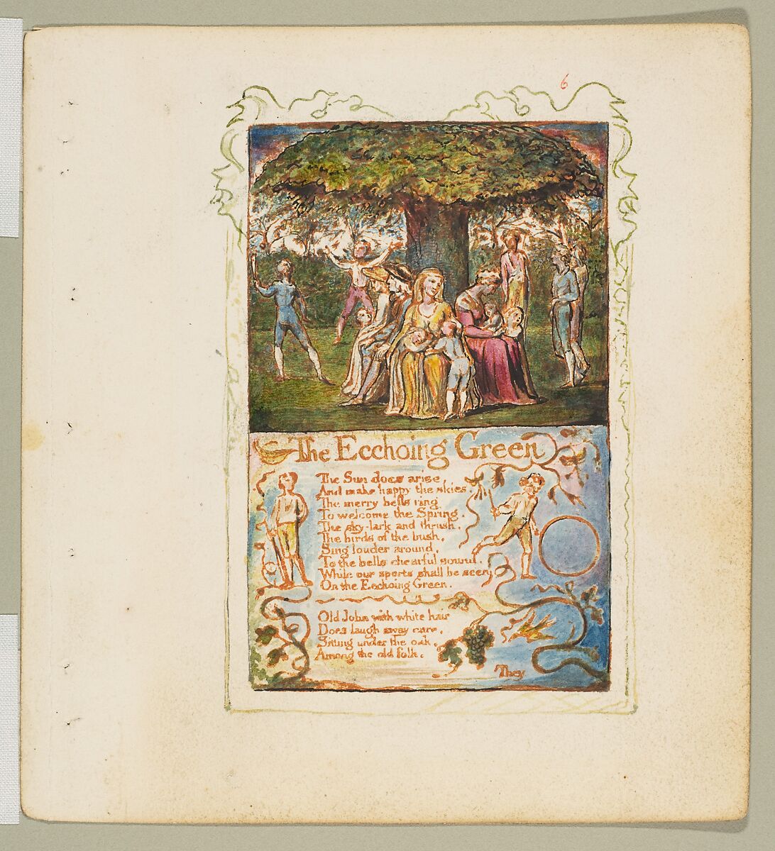 Songs of Innocence: The Ecchoing Green, William Blake (British, London 1757–1827 London), Relief etching printed in orange-brown ink and hand-colored with watercolor and shell gold 