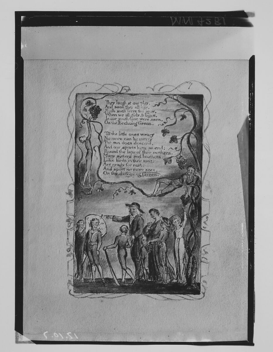 Songs of Innocence: The Ecchoing Green (second plate), William Blake (British, London 1757–1827 London), Relief etching printed in orange-brown ink and hand-colored with watercolor and shell gold