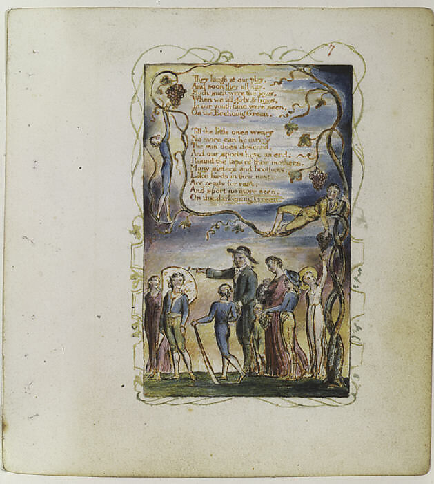 Songs of Innocence: The Ecchoing Green (second plate), William Blake (British, London 1757–1827 London), Relief etching printed in orange-brown ink and hand-colored with watercolor and shell gold