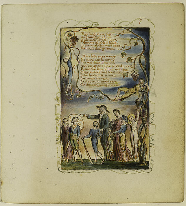 Songs of Innocence: The Ecchoing Green (second plate), William Blake (British, London 1757–1827 London), Relief etching printed in orange-brown ink and hand-colored with watercolor and shell gold
