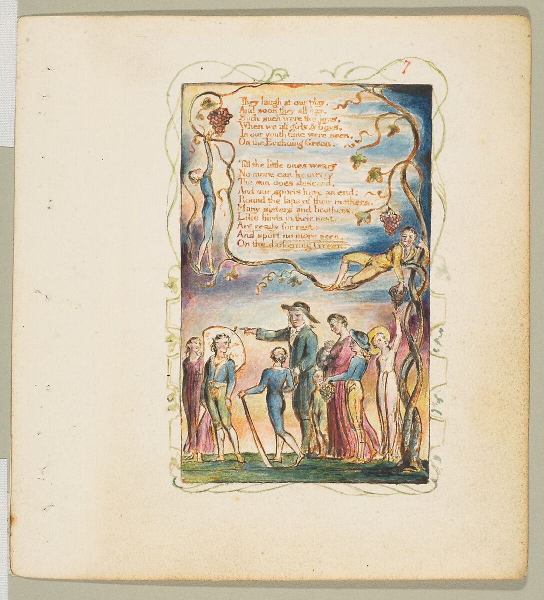 Songs of Innocence: The Ecchoing Green (second plate), William Blake (British, London 1757–1827 London), Relief etching printed in orange-brown ink and hand-colored with watercolor and shell gold 