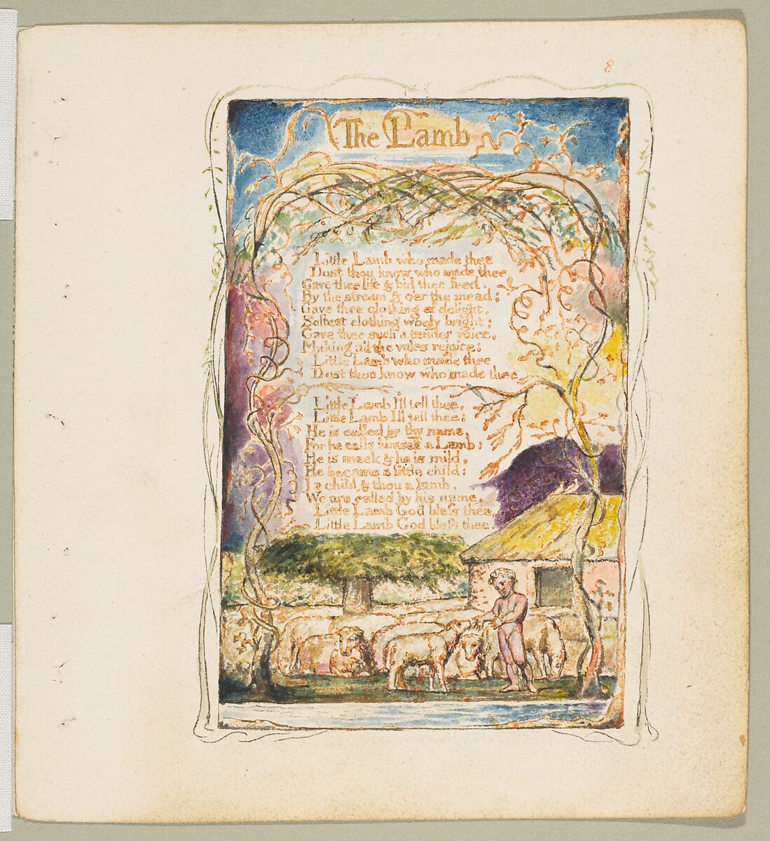 Songs of Innocence: The Lamb, William Blake (British, London 1757–1827 London), Relief etching printed in orange-brown ink and hand-colored with watercolor and shell gold 
