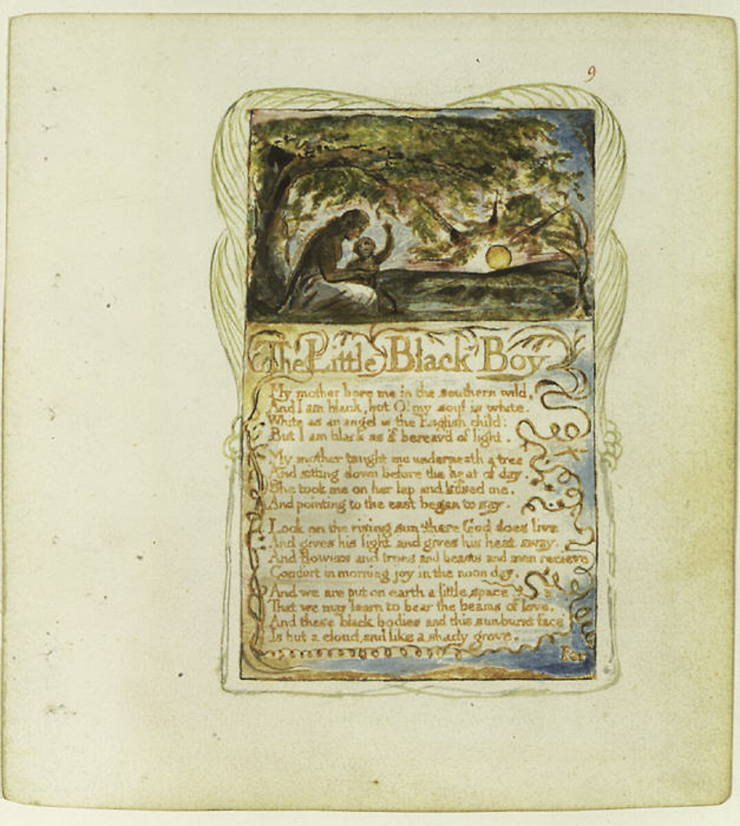 Songs of Innocence: The Little Black Boy, William Blake (British, London 1757–1827 London), Relief etching printed in orange-brown ink and hand-colored with watercolor and shell gold